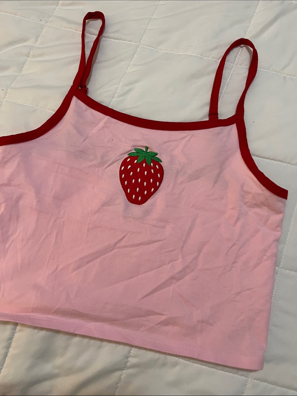Hot Topic Pink Cropped Cami with Red Trim and Strawberry Patch